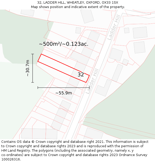 32, LADDER HILL, WHEATLEY, OXFORD, OX33 1SX: Plot and title map