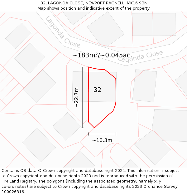 32, LAGONDA CLOSE, NEWPORT PAGNELL, MK16 9BN: Plot and title map