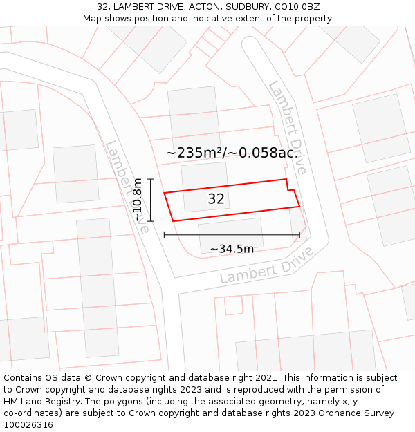 32, LAMBERT DRIVE, ACTON, SUDBURY, CO10 0BZ: Plot and title map