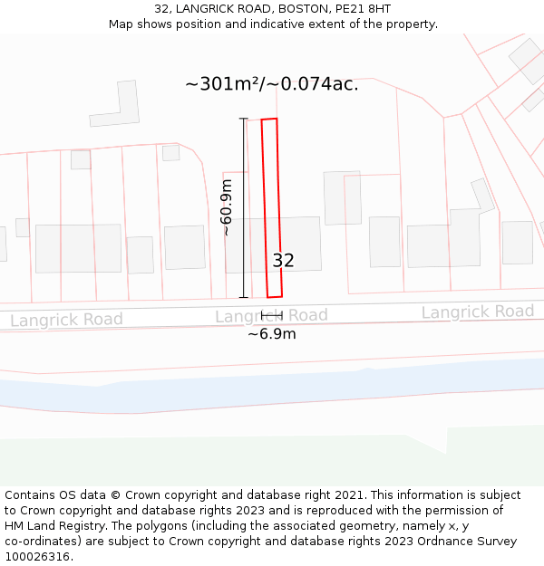 32, LANGRICK ROAD, BOSTON, PE21 8HT: Plot and title map