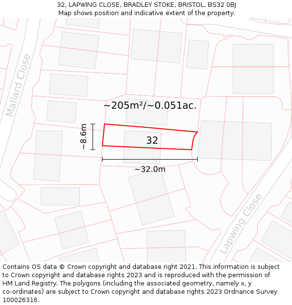 32, LAPWING CLOSE, BRADLEY STOKE, BRISTOL, BS32 0BJ: Plot and title map