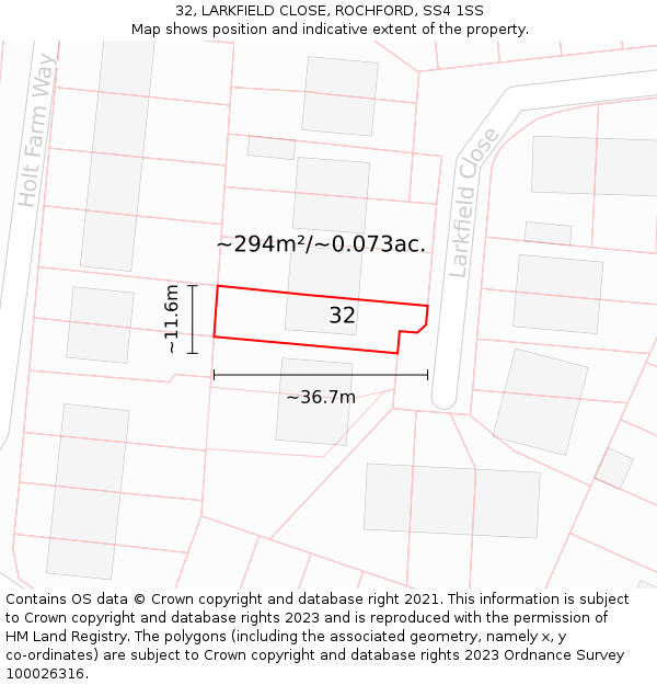 32, LARKFIELD CLOSE, ROCHFORD, SS4 1SS: Plot and title map