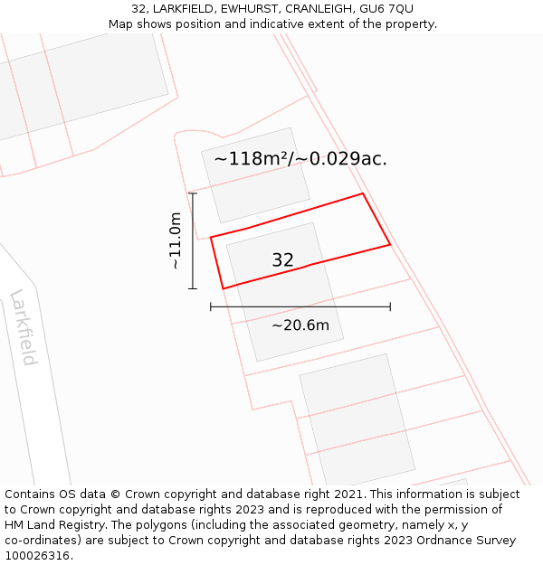 32, LARKFIELD, EWHURST, CRANLEIGH, GU6 7QU: Plot and title map