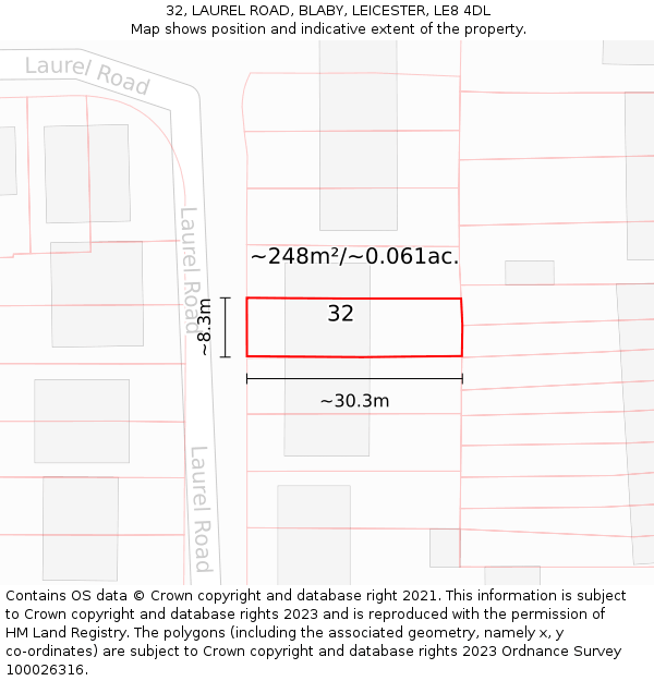 32, LAUREL ROAD, BLABY, LEICESTER, LE8 4DL: Plot and title map