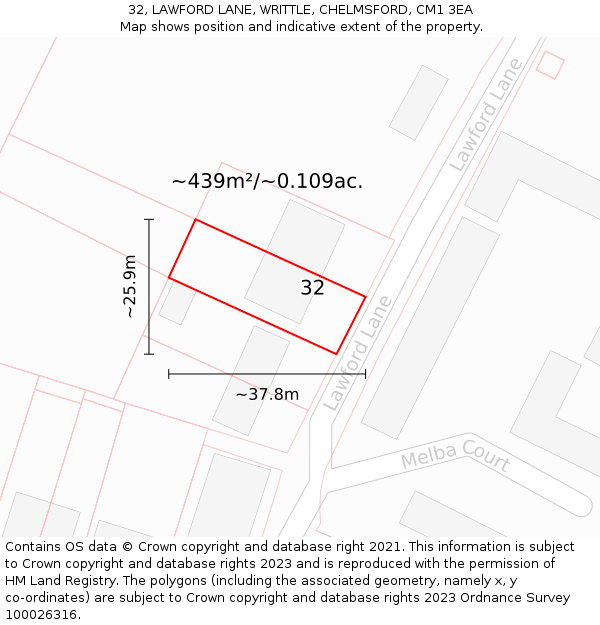 32, LAWFORD LANE, WRITTLE, CHELMSFORD, CM1 3EA: Plot and title map