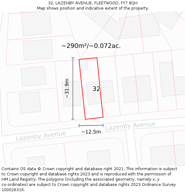 32, LAZENBY AVENUE, FLEETWOOD, FY7 8QH: Plot and title map