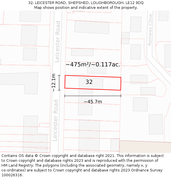 32, LEICESTER ROAD, SHEPSHED, LOUGHBOROUGH, LE12 9DQ: Plot and title map