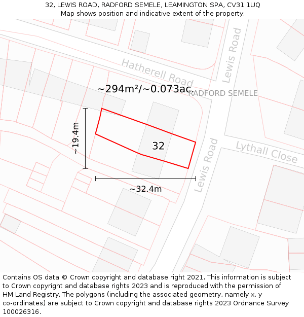 32, LEWIS ROAD, RADFORD SEMELE, LEAMINGTON SPA, CV31 1UQ: Plot and title map