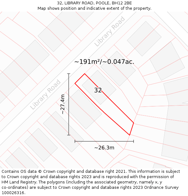 32, LIBRARY ROAD, POOLE, BH12 2BE: Plot and title map
