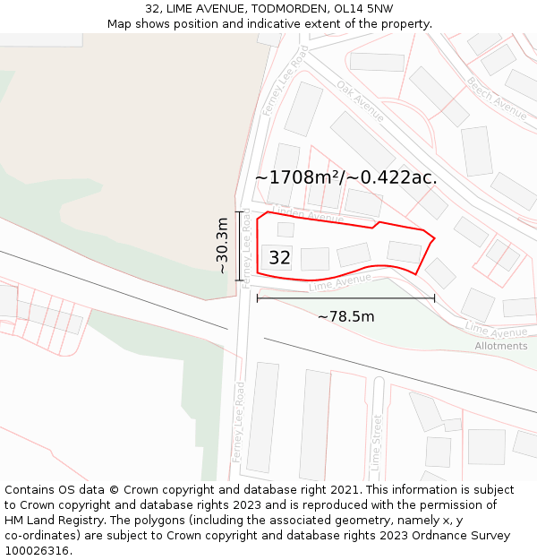 32, LIME AVENUE, TODMORDEN, OL14 5NW: Plot and title map