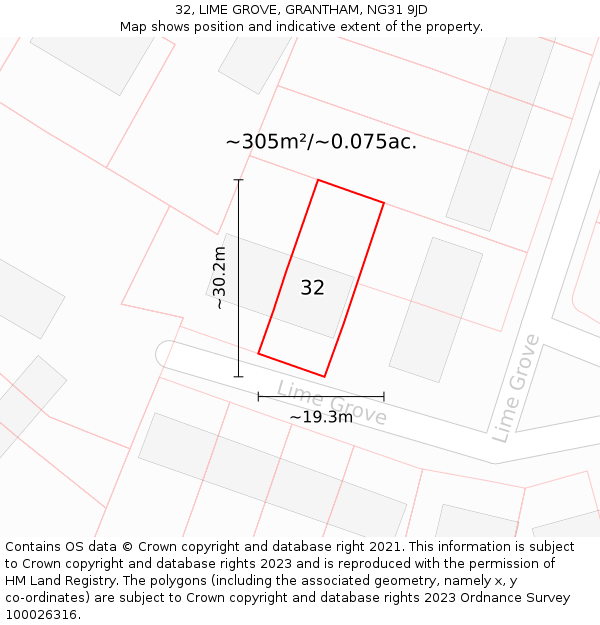 32, LIME GROVE, GRANTHAM, NG31 9JD: Plot and title map