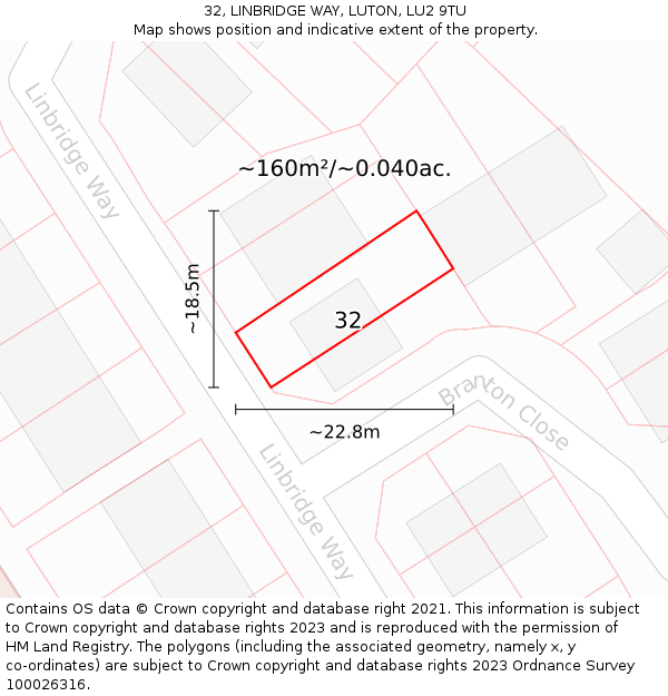 32, LINBRIDGE WAY, LUTON, LU2 9TU: Plot and title map