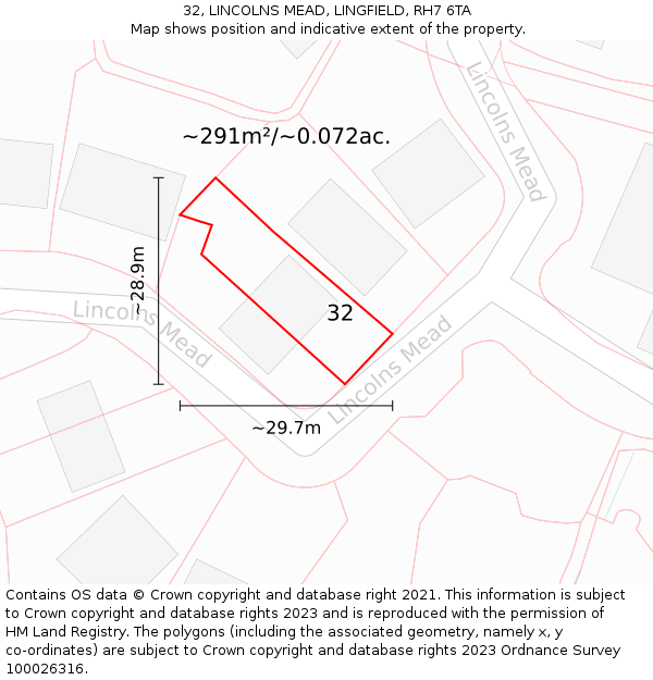 32, LINCOLNS MEAD, LINGFIELD, RH7 6TA: Plot and title map