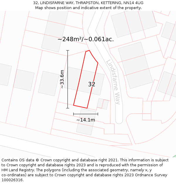 32, LINDISFARNE WAY, THRAPSTON, KETTERING, NN14 4UG: Plot and title map