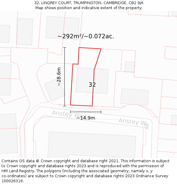 32, LINGREY COURT, TRUMPINGTON, CAMBRIDGE, CB2 9JA: Plot and title map