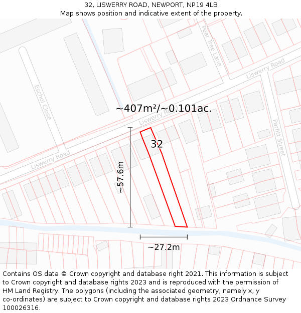 32, LISWERRY ROAD, NEWPORT, NP19 4LB: Plot and title map