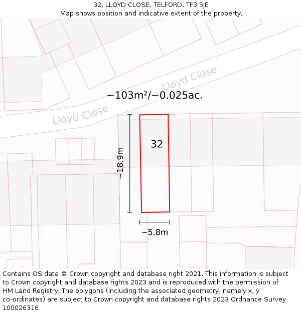 32, LLOYD CLOSE, TELFORD, TF3 5JE: Plot and title map