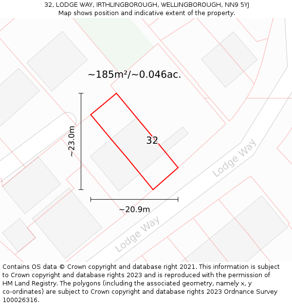 32, LODGE WAY, IRTHLINGBOROUGH, WELLINGBOROUGH, NN9 5YJ: Plot and title map