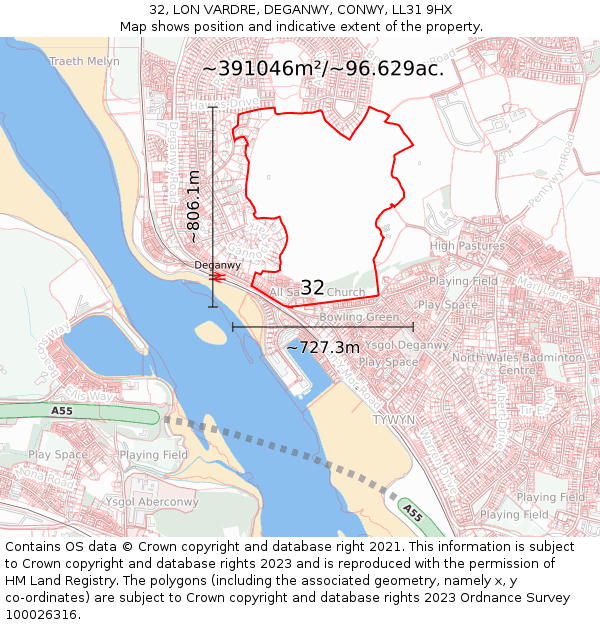 32, LON VARDRE, DEGANWY, CONWY, LL31 9HX: Plot and title map
