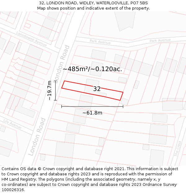 32, LONDON ROAD, WIDLEY, WATERLOOVILLE, PO7 5BS: Plot and title map