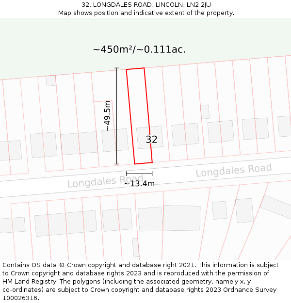 32, LONGDALES ROAD, LINCOLN, LN2 2JU: Plot and title map