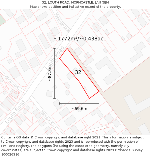 32, LOUTH ROAD, HORNCASTLE, LN9 5EN: Plot and title map