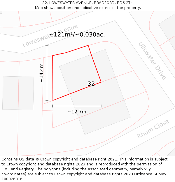 32, LOWESWATER AVENUE, BRADFORD, BD6 2TH: Plot and title map