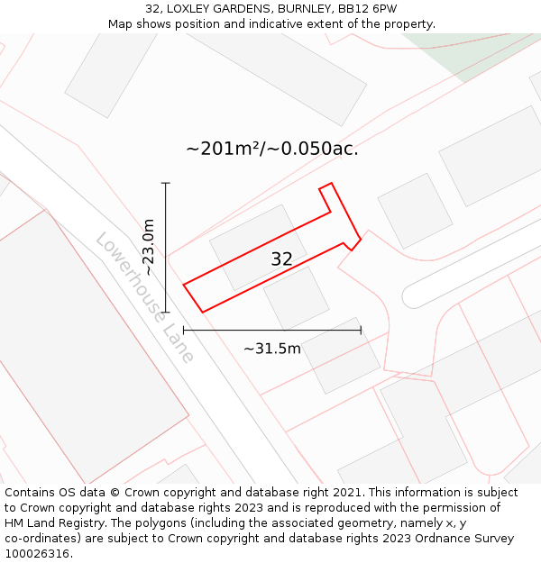 32, LOXLEY GARDENS, BURNLEY, BB12 6PW: Plot and title map