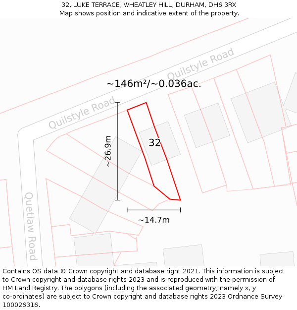 32, LUKE TERRACE, WHEATLEY HILL, DURHAM, DH6 3RX: Plot and title map