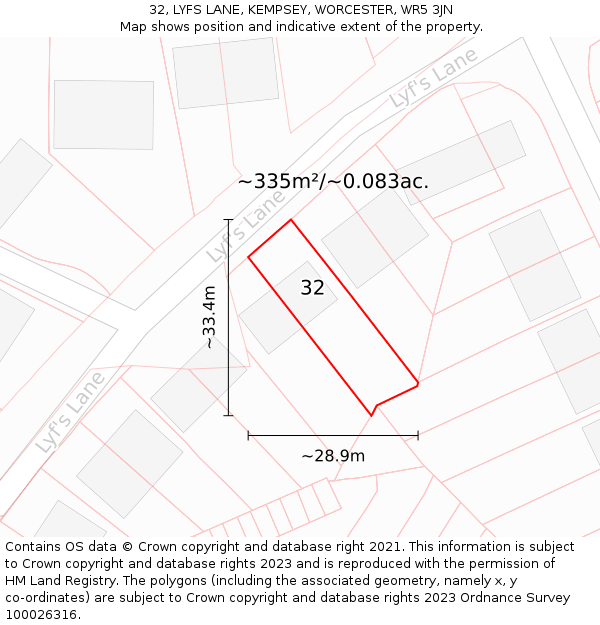 32, LYFS LANE, KEMPSEY, WORCESTER, WR5 3JN: Plot and title map