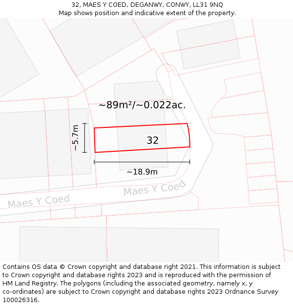 32, MAES Y COED, DEGANWY, CONWY, LL31 9NQ: Plot and title map