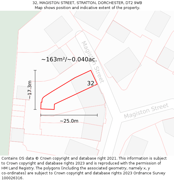 32, MAGISTON STREET, STRATTON, DORCHESTER, DT2 9WB: Plot and title map