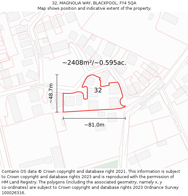 32, MAGNOLIA WAY, BLACKPOOL, FY4 5QA: Plot and title map