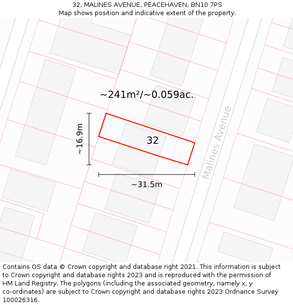 32, MALINES AVENUE, PEACEHAVEN, BN10 7PS: Plot and title map