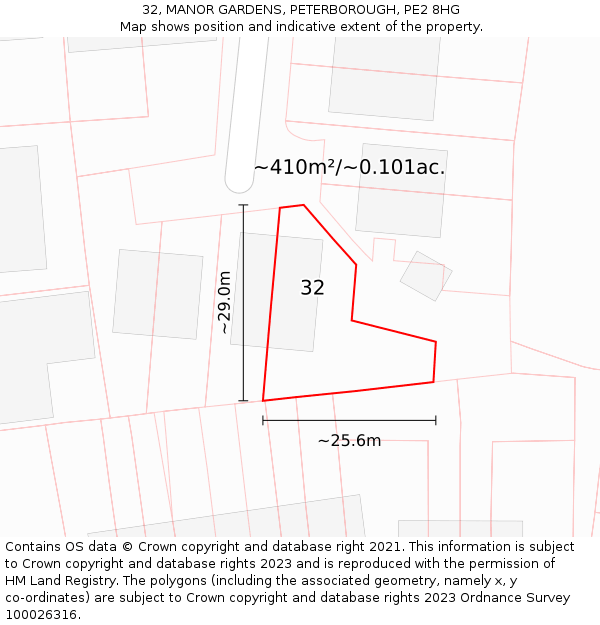 32, MANOR GARDENS, PETERBOROUGH, PE2 8HG: Plot and title map