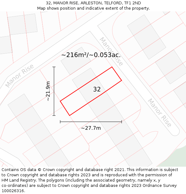 32, MANOR RISE, ARLESTON, TELFORD, TF1 2ND: Plot and title map