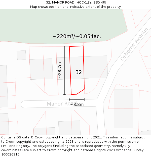 32, MANOR ROAD, HOCKLEY, SS5 4RJ: Plot and title map