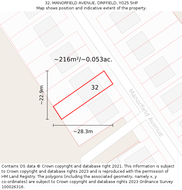 32, MANORFIELD AVENUE, DRIFFIELD, YO25 5HP: Plot and title map