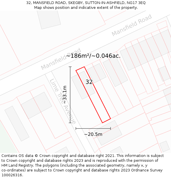 32, MANSFIELD ROAD, SKEGBY, SUTTON-IN-ASHFIELD, NG17 3EQ: Plot and title map