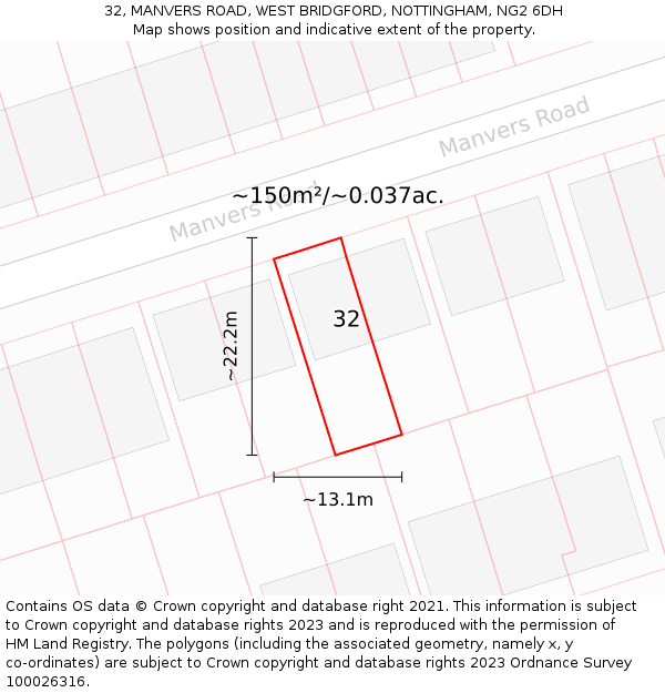 32, MANVERS ROAD, WEST BRIDGFORD, NOTTINGHAM, NG2 6DH: Plot and title map