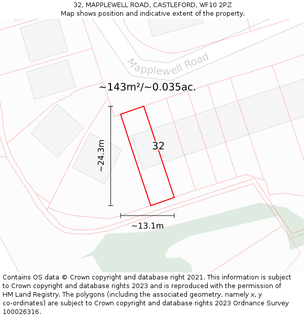 32, MAPPLEWELL ROAD, CASTLEFORD, WF10 2PZ: Plot and title map