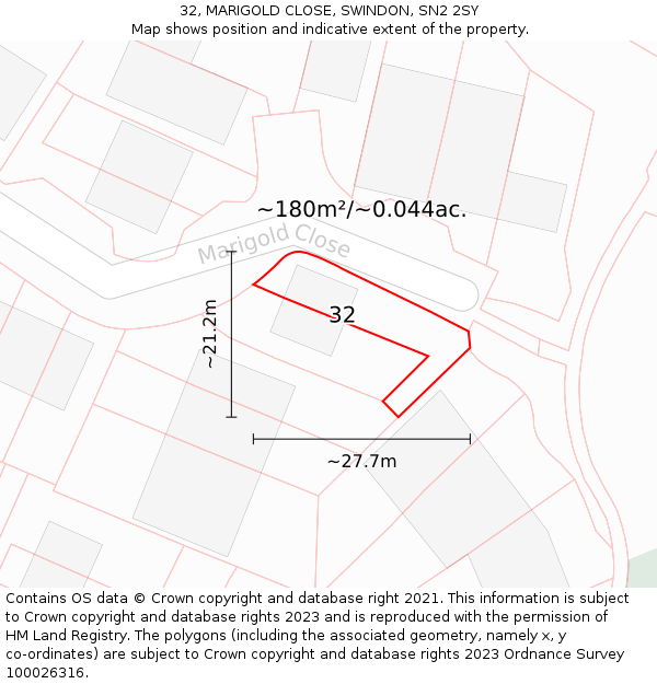 32, MARIGOLD CLOSE, SWINDON, SN2 2SY: Plot and title map