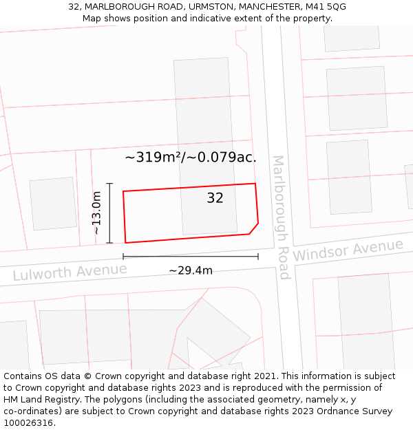 32, MARLBOROUGH ROAD, URMSTON, MANCHESTER, M41 5QG: Plot and title map