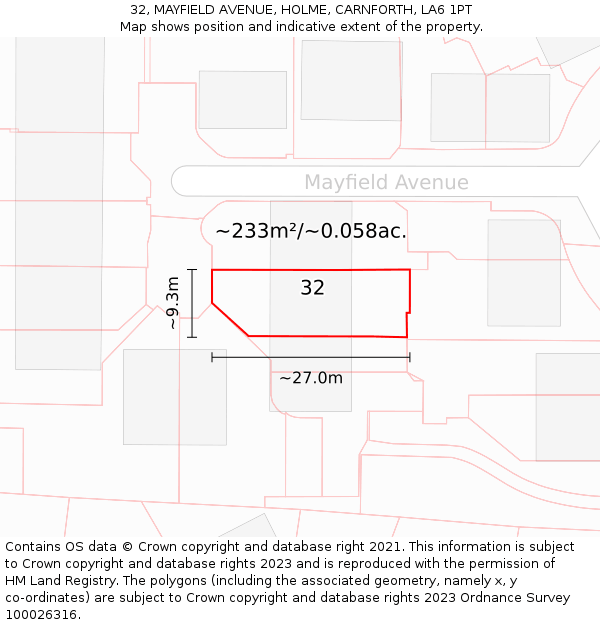 32, MAYFIELD AVENUE, HOLME, CARNFORTH, LA6 1PT: Plot and title map