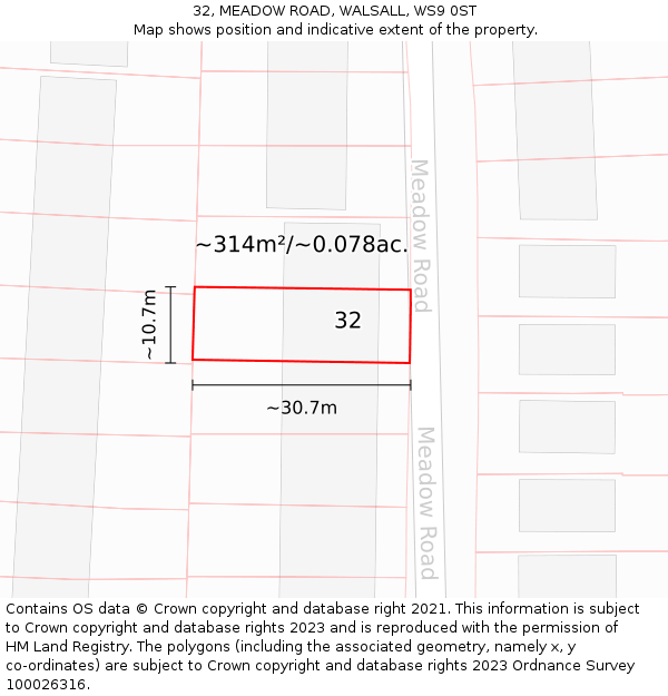 32, MEADOW ROAD, WALSALL, WS9 0ST: Plot and title map