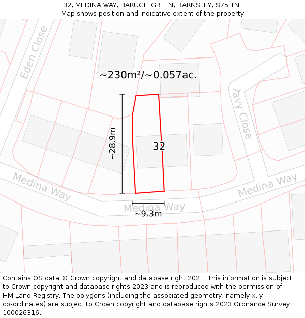 32, MEDINA WAY, BARUGH GREEN, BARNSLEY, S75 1NF: Plot and title map