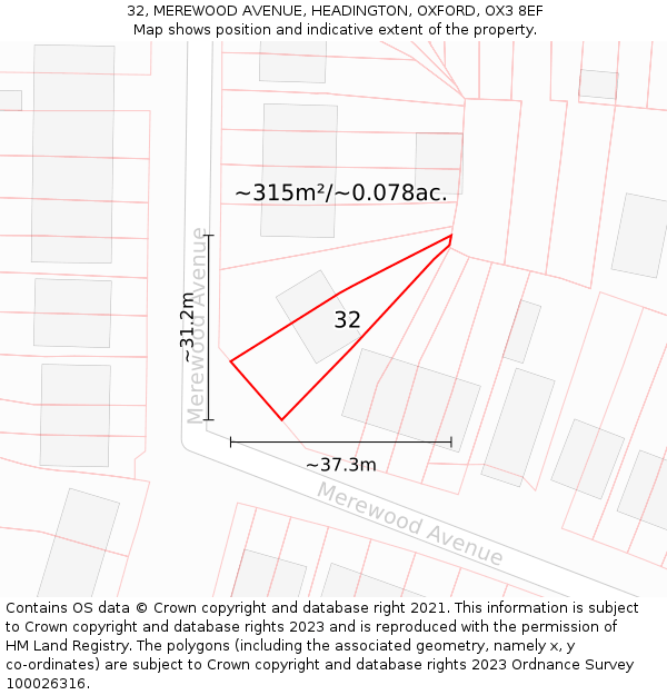 32, MEREWOOD AVENUE, HEADINGTON, OXFORD, OX3 8EF: Plot and title map