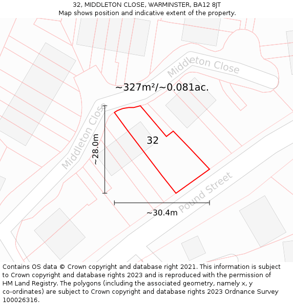 32, MIDDLETON CLOSE, WARMINSTER, BA12 8JT: Plot and title map