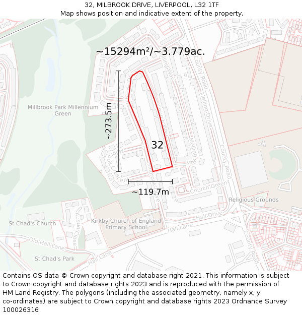 32, MILBROOK DRIVE, LIVERPOOL, L32 1TF: Plot and title map