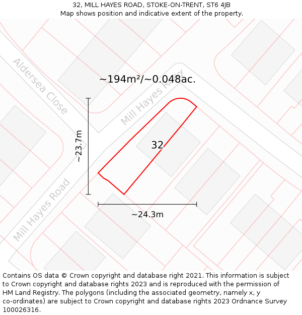 32, MILL HAYES ROAD, STOKE-ON-TRENT, ST6 4JB: Plot and title map